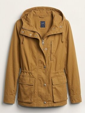 Gap Cream/Carmel Hooded Utility Jacket Drawstring Snap Pockets Women’s Large